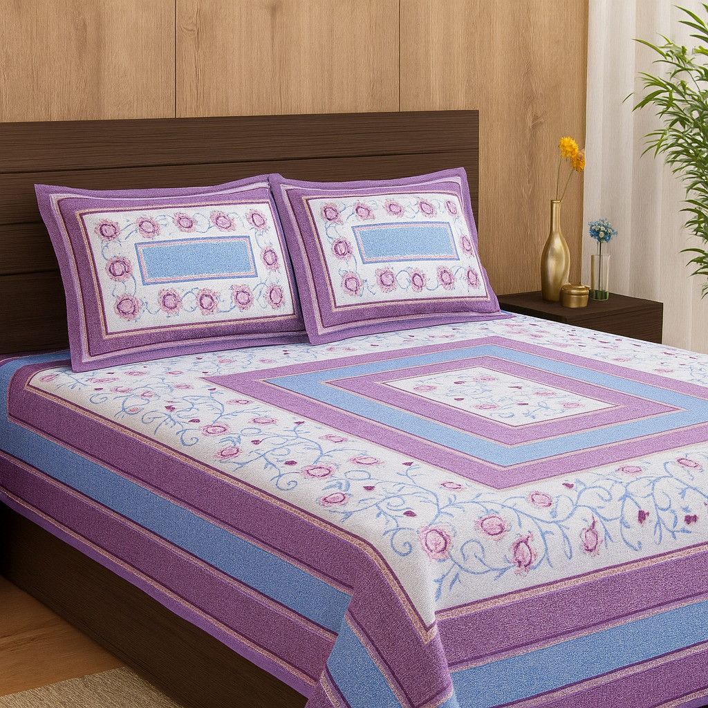 Lavender & Blue Floral Cotton Double Bed Sheet with Pillow Covers