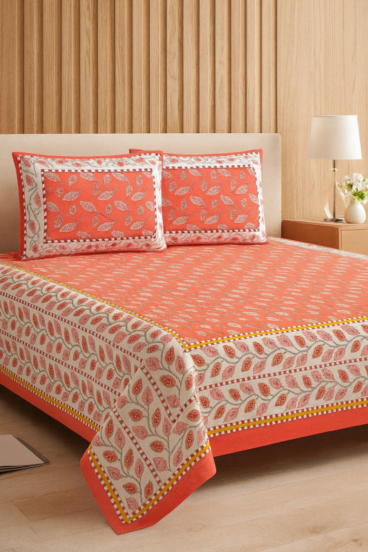 Cotton Pink Floral Printed Double Bed Sheet with Pillow Covers