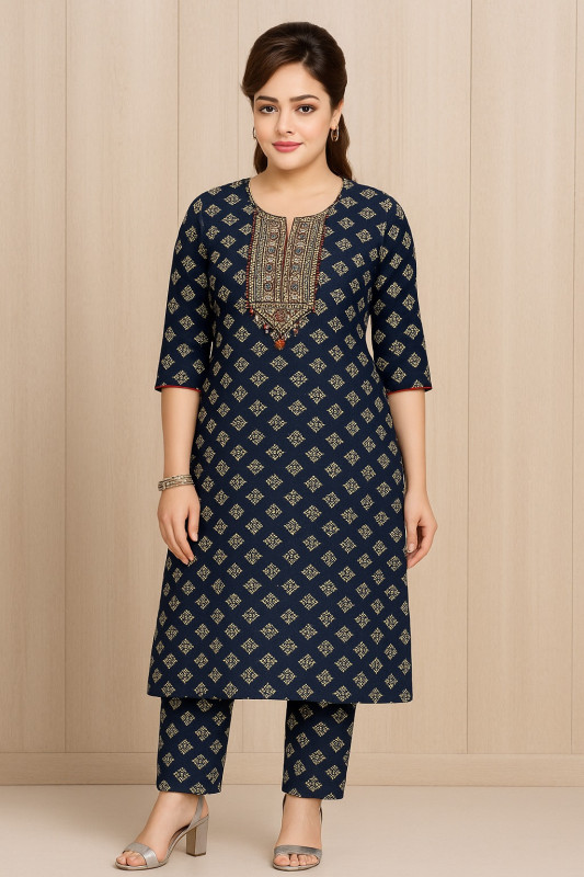 Women’s Navy Blue Printed Kurta Set with Embroidered Neckline & Pants