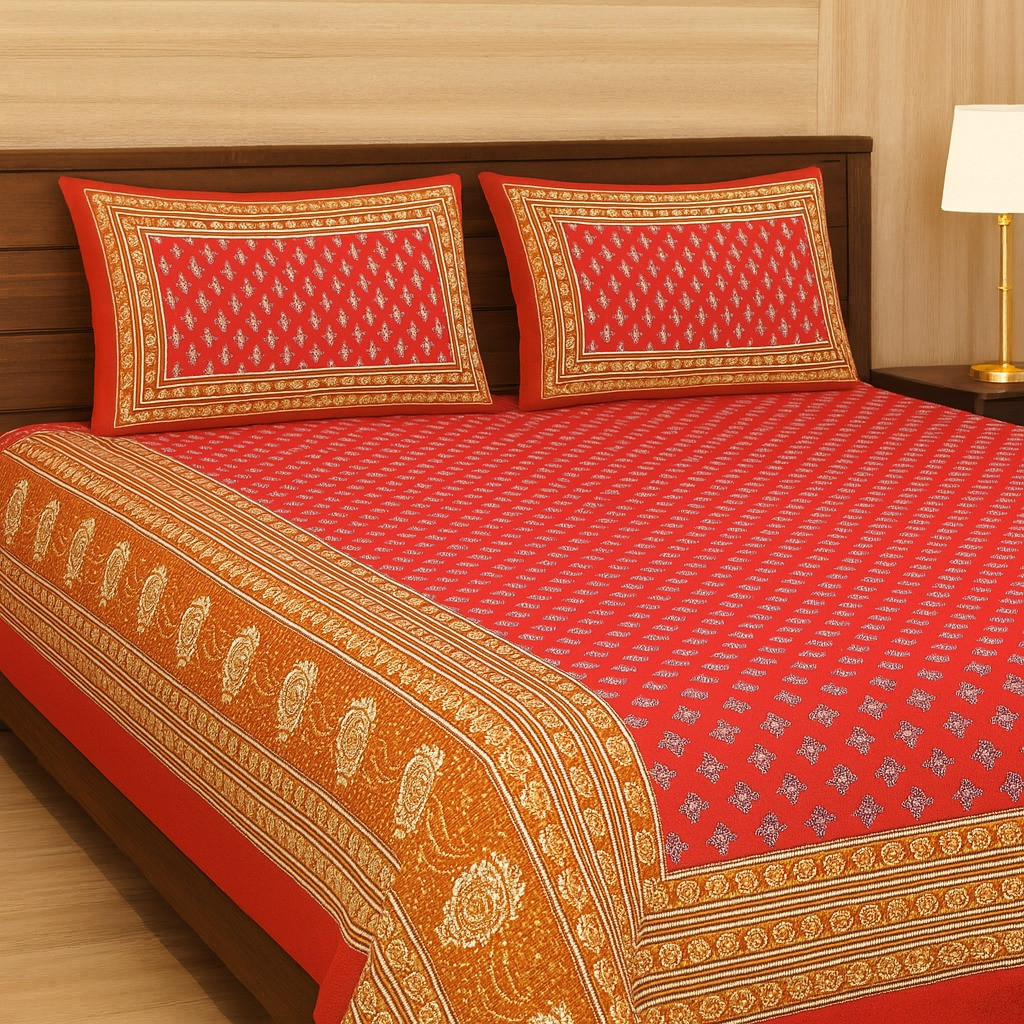 Red & Golden Border Cotton Double Bed Sheet with Pillow Covers