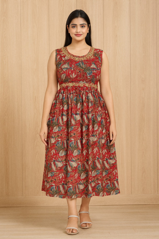 Women’s Sleeveless Red Printed A-Line Midi Dress