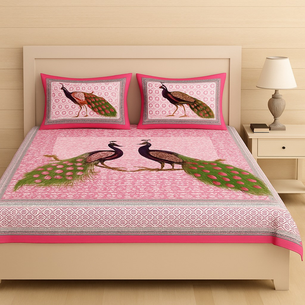 Pink Peacock Print Cotton Double Bedsheet with 2 Pillow Covers