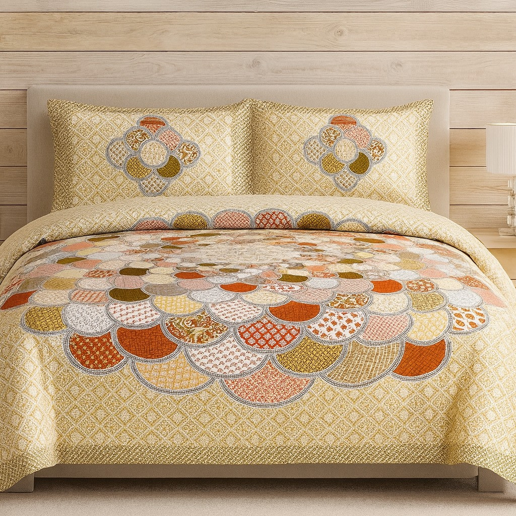 Premium Cotton Grey, Yellow & Maroon Diamond Printed Double Bed Sheet with Pillow Covers