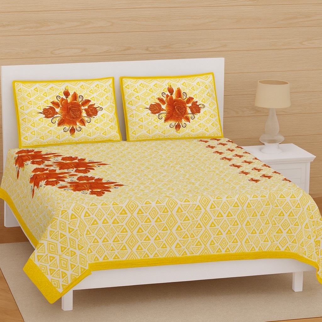 Yellow Floral Cotton Double Bedsheet with 2 Pillow Covers