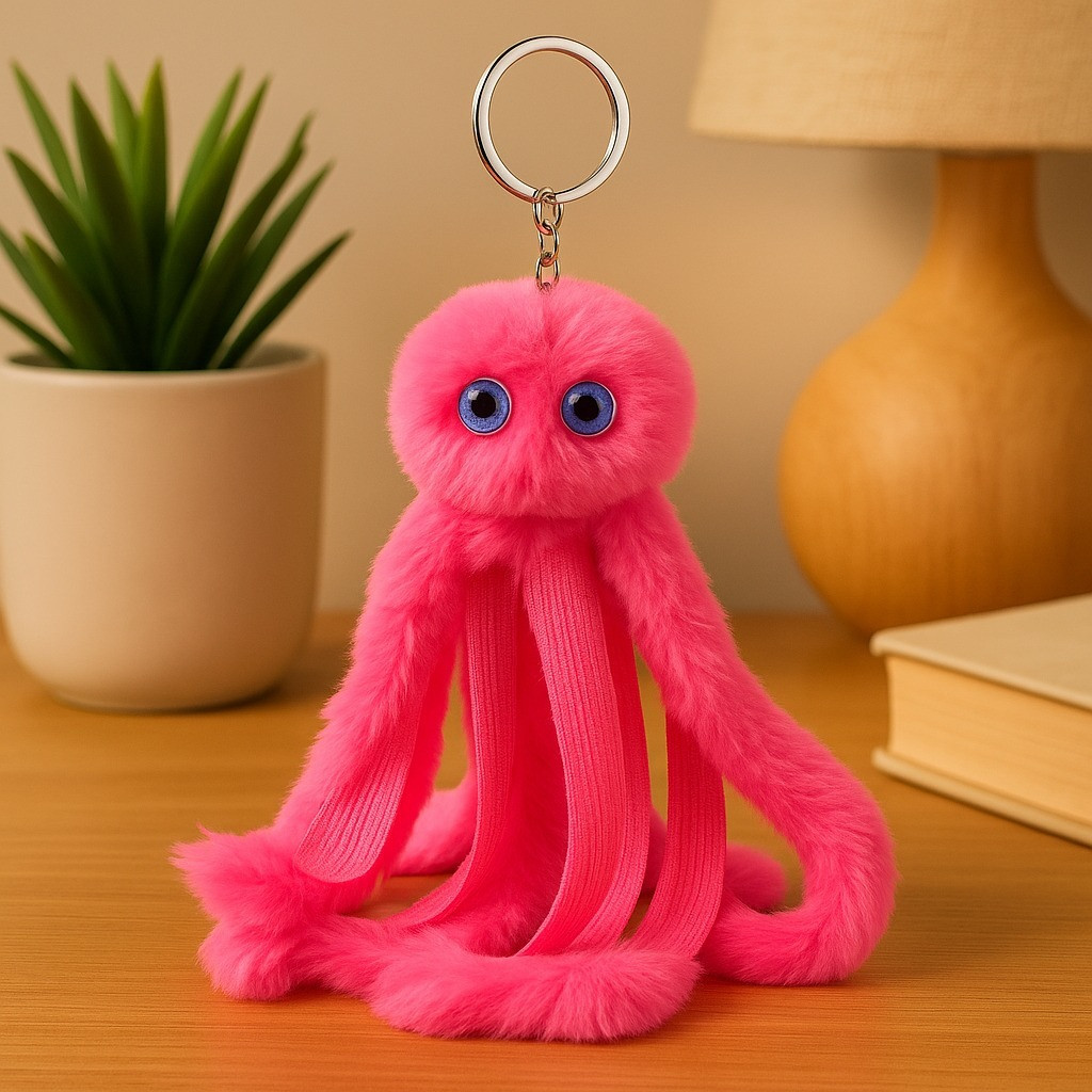 Pink Fluffy Octopus Keychain