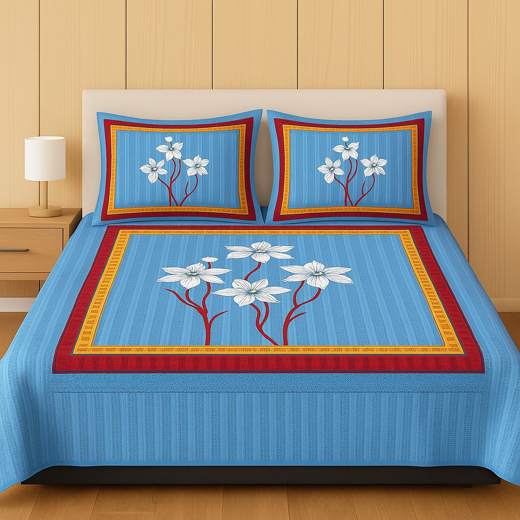Sky Blue Floral Cotton Double Bedsheet with 2 Pillow Covers