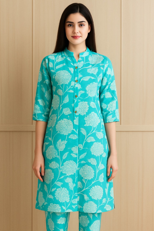 Turquoise Blue Floral Printed Straight Kurta Set