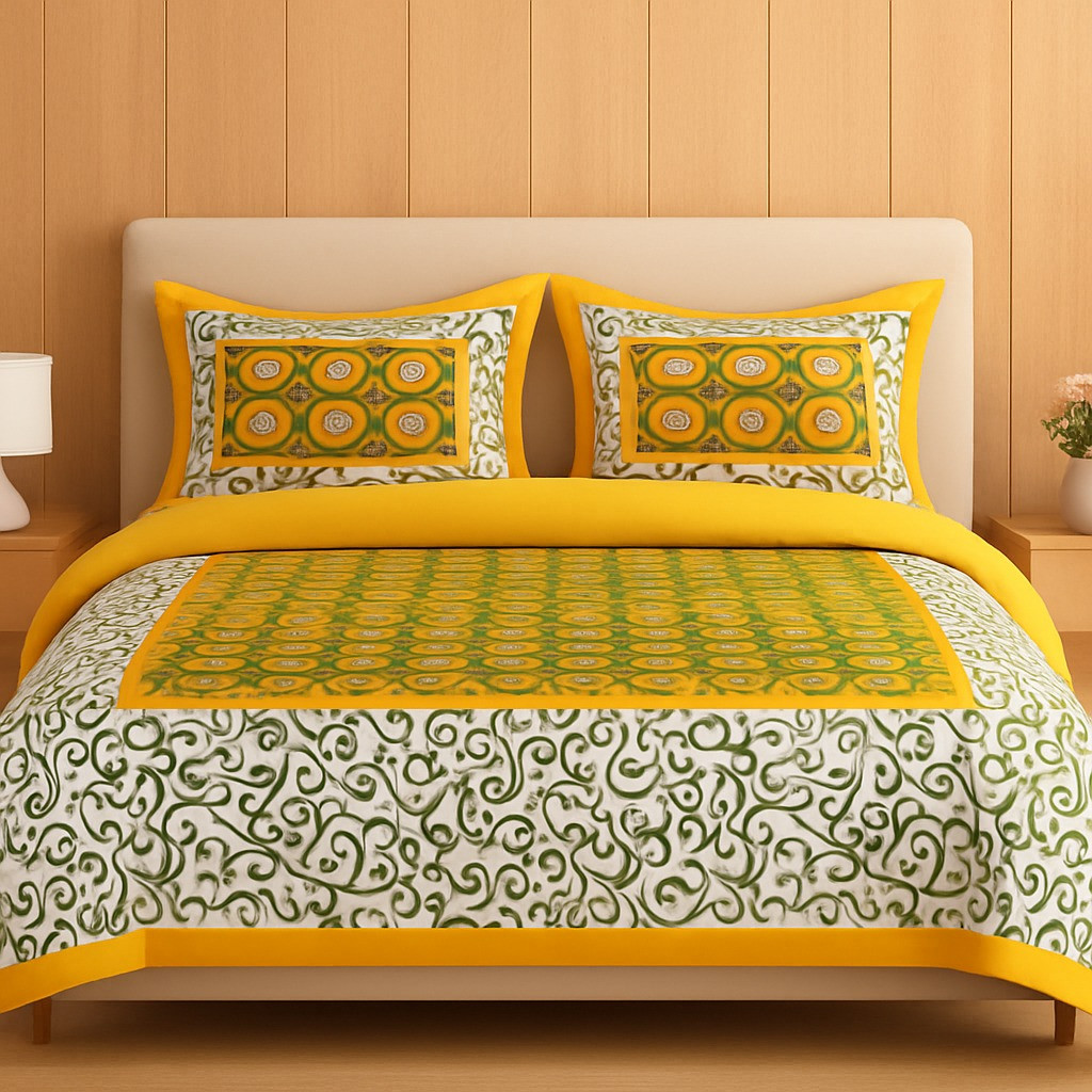 Yellow & Green Circular Print Cotton Double Bedsheet with 2 Pillow Covers