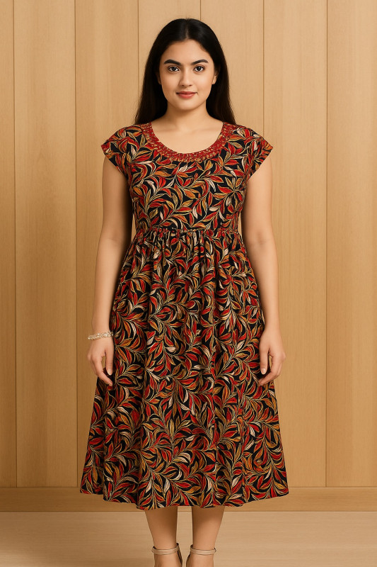 Women’s Sleeveless Black and Red Leaf Print Midi Dress