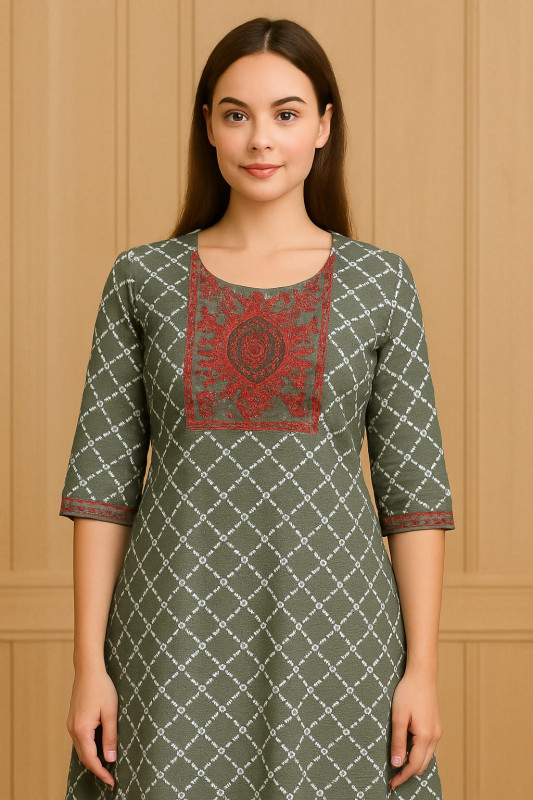 Elegant Olive Green Printed Grown