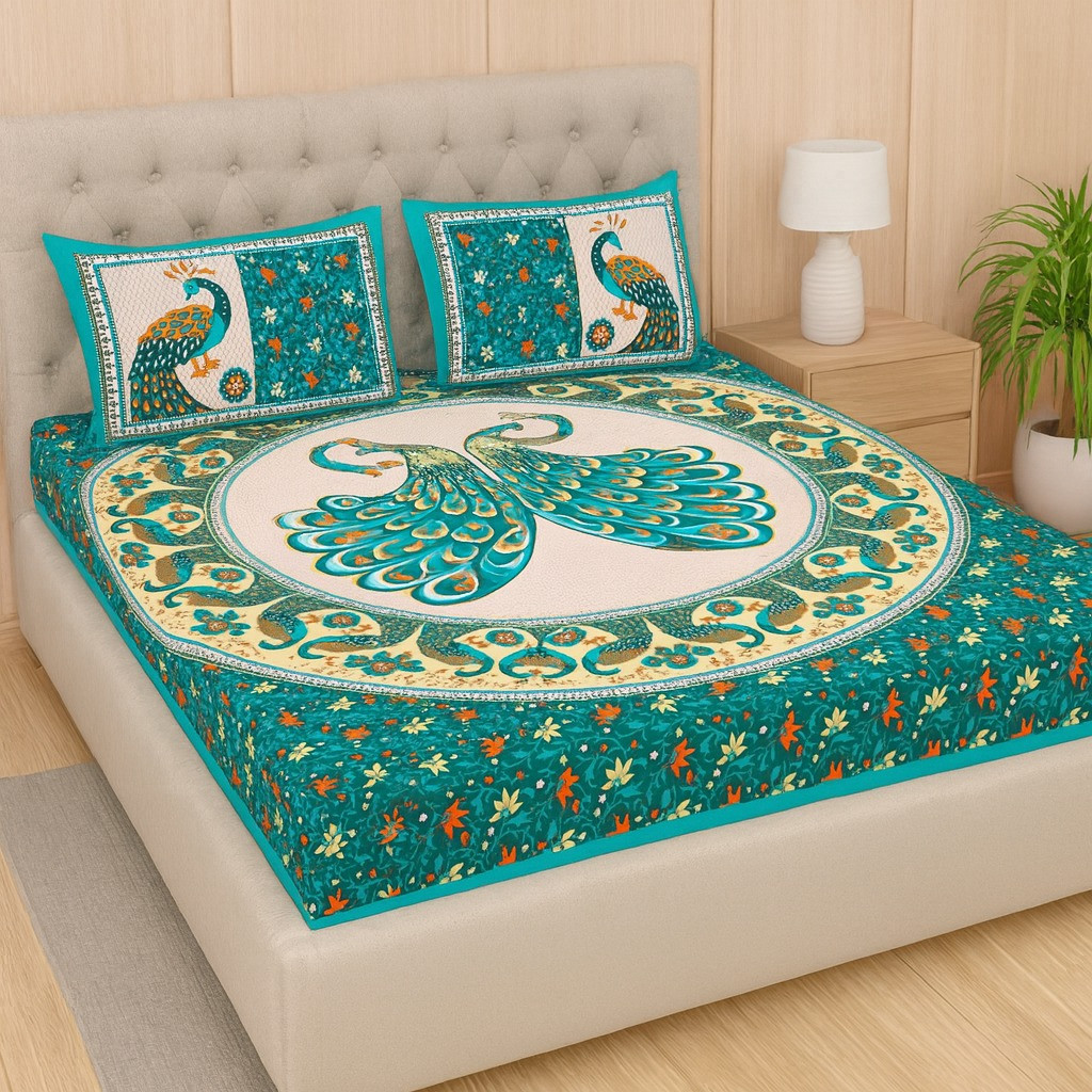 Premium Cotton Double Bed Sheet with Peacock Print & 2 Pillow Covers