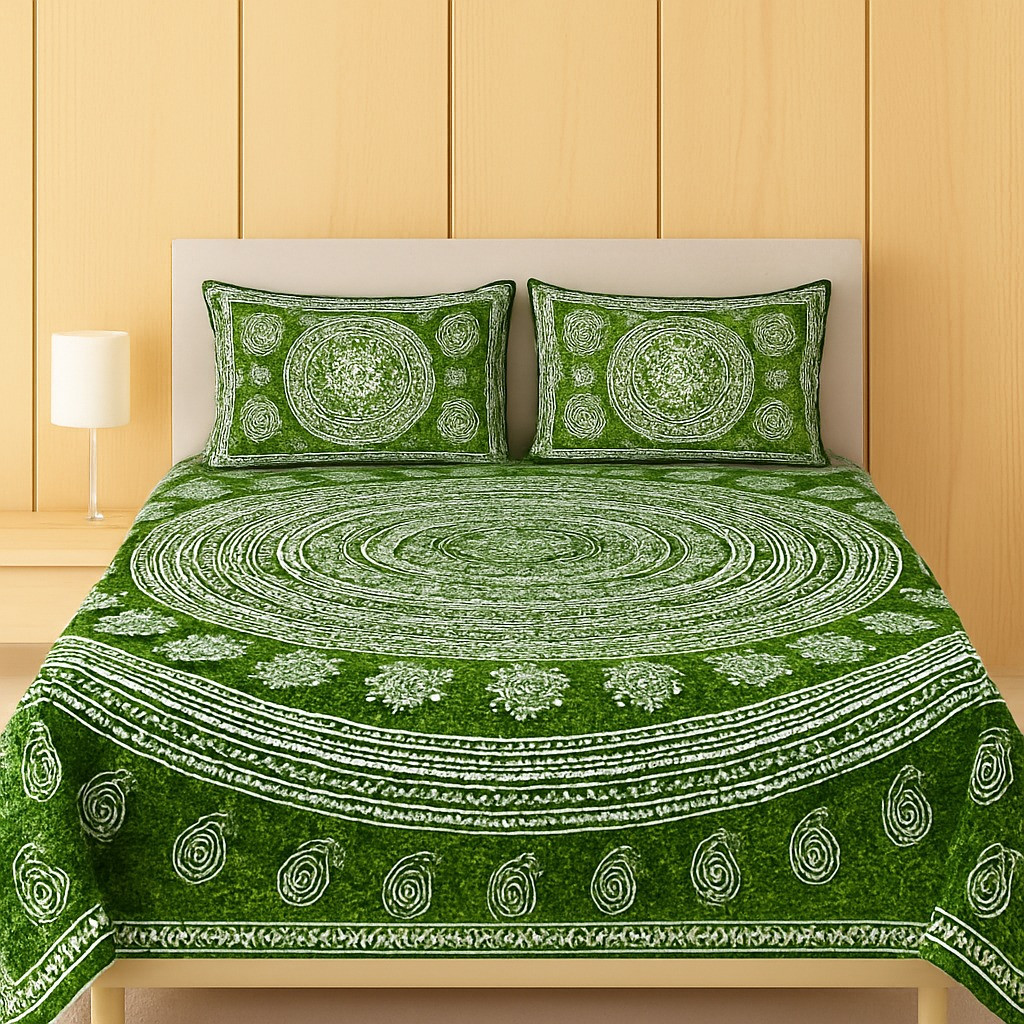 Green Cotton Double Bedsheet with Traditional Mandala Design & 2 Pillow Covers