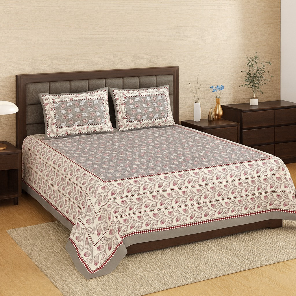 Cotton Grey & Red Leaf Printed Double Bed Sheet with Pillow Covers