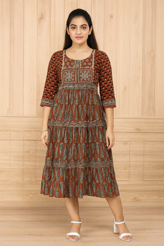 Women’s Brown Ethnic Printed Tiered 100% Long Grown Dress