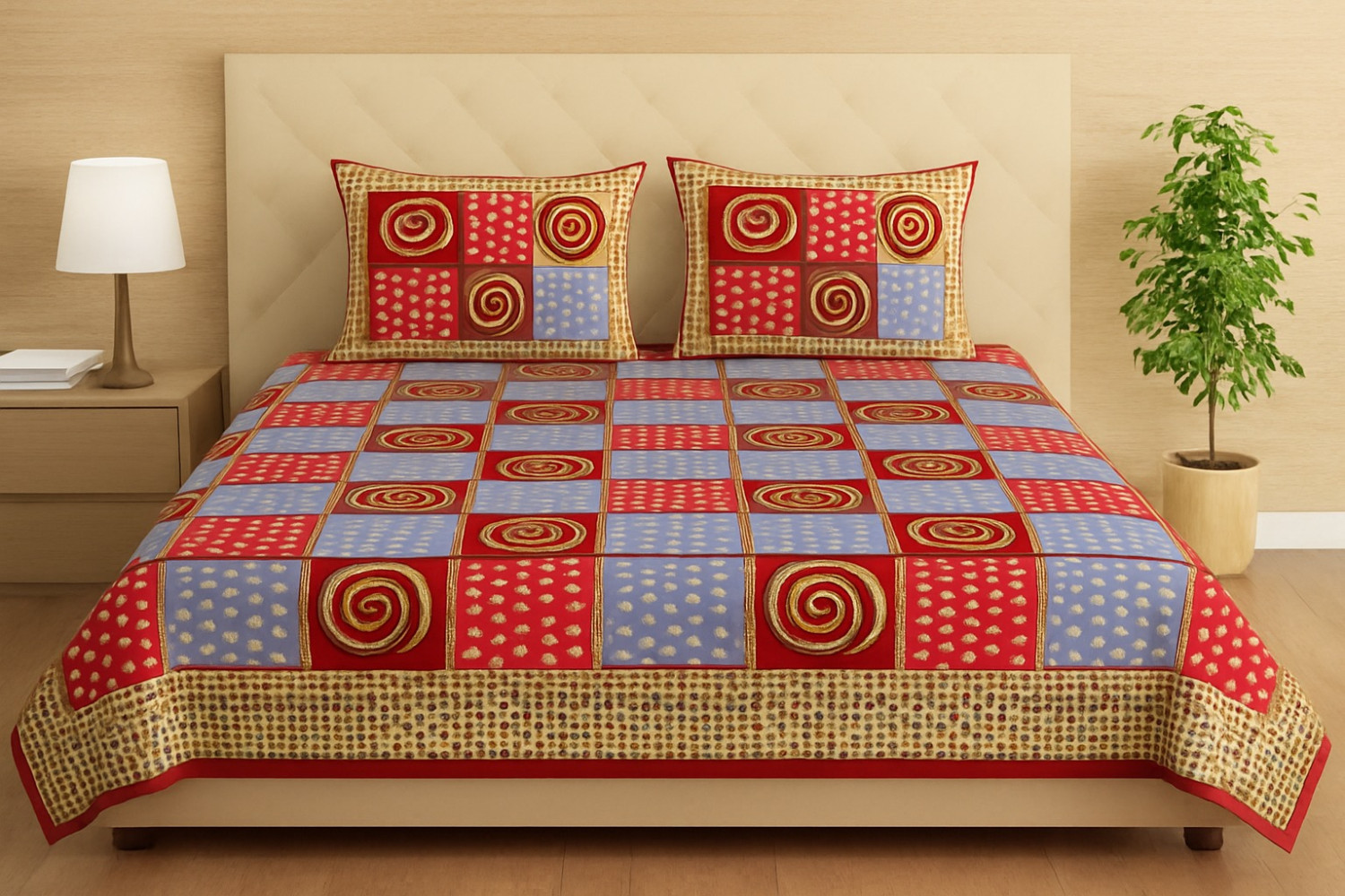 Red & Blue Geometric Cotton Double Bedsheet with 2 Pillow Covers