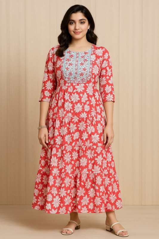 Women’s Red Floral Printed A-Line Cotton Kurta Dress with Embroidered Yoke