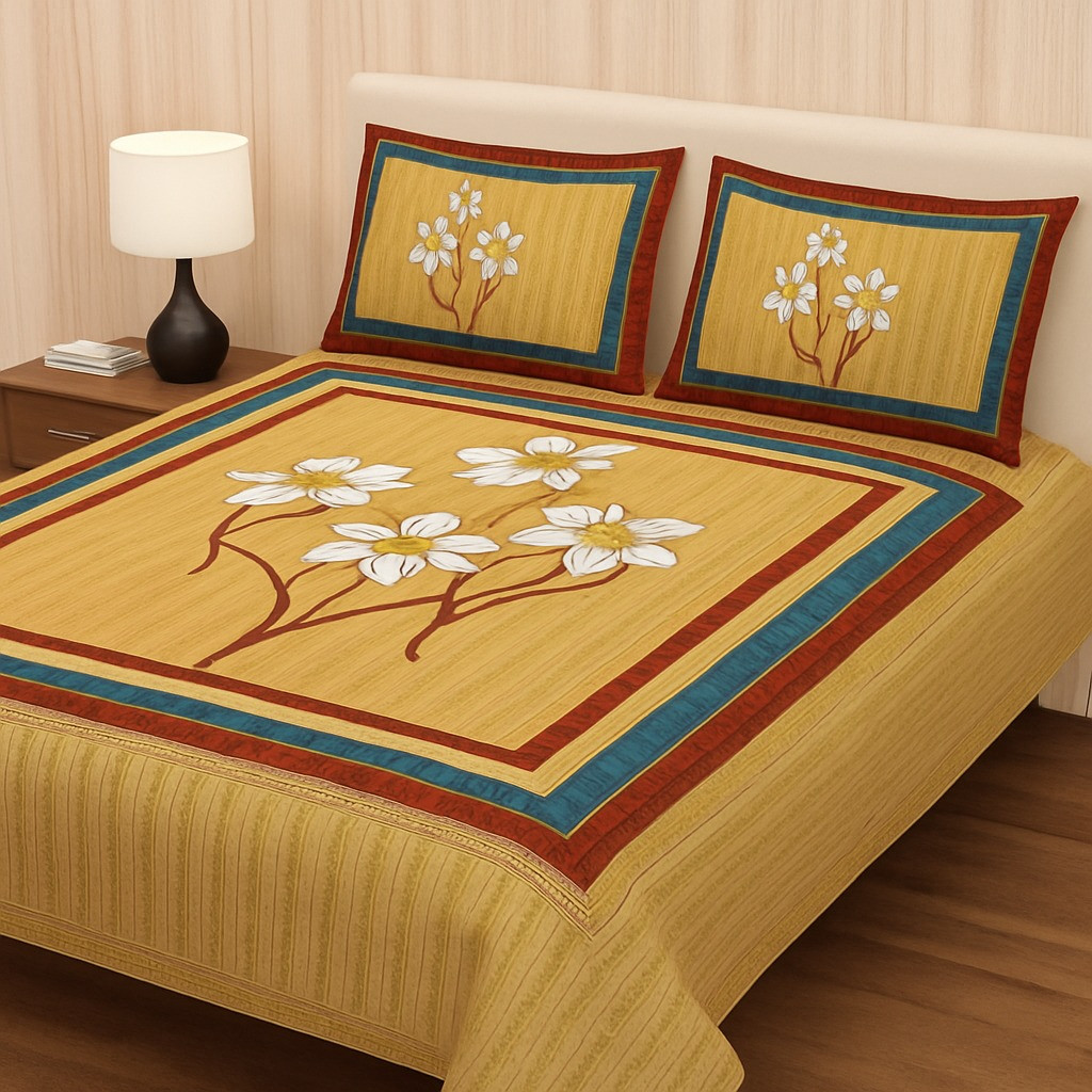 Yellow Floral Cotton Double Bedsheet with 2 Pillow Covers