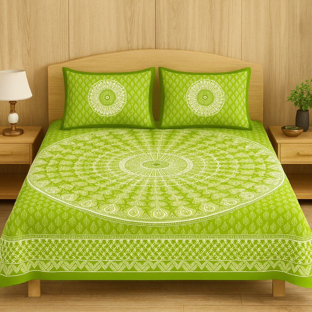 Cotton Green Mandala Printed Double Bed Sheet with Pillow Covers