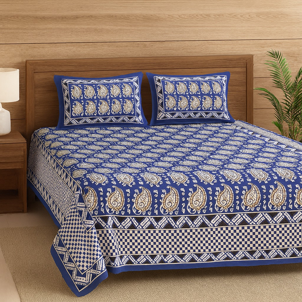 Premium Cotton Double Bedsheet with 2 Pillow Covers – Royal Blue Paisley Print