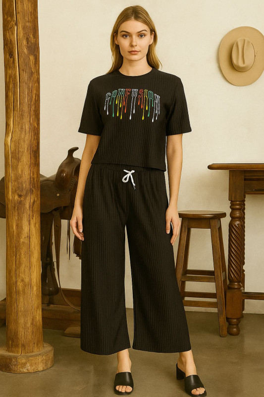 Black Ribbed Two-Piece Co-ord Set with Graphic T-Shirt & Wide-Leg Pants
