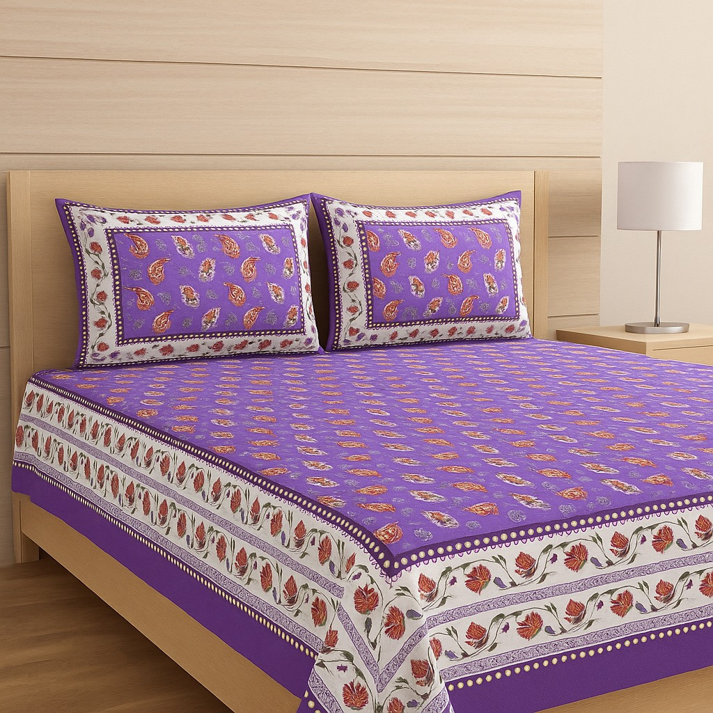 Cotton Purple Floral Printed Double Bed Sheet with Pillow Covers