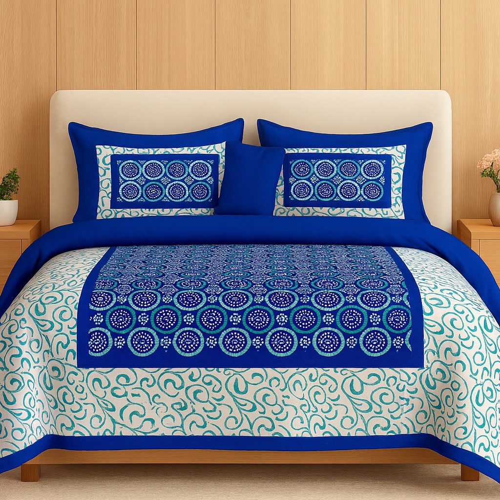 Royal Blue Circular Print Cotton Double Bedsheet with 2 Pillow Covers