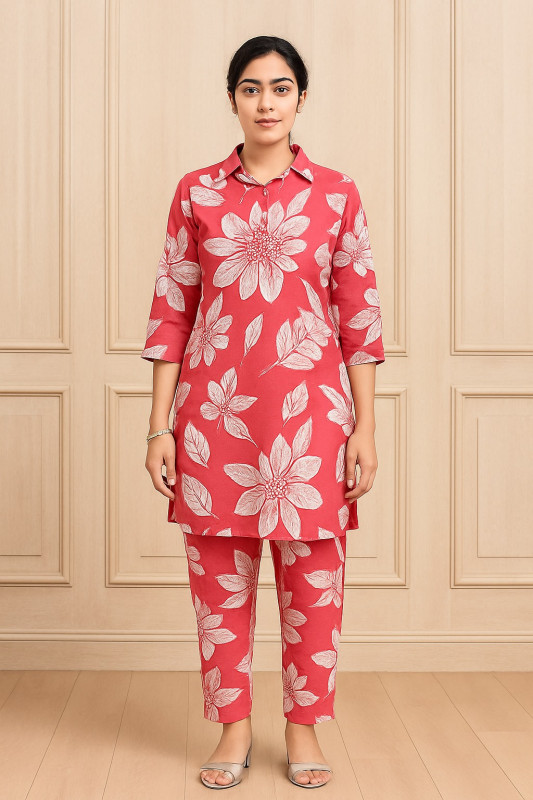 Women’s Red Floral Printed Cotton Kurta with Pant Set