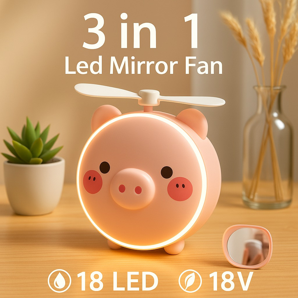 PiggyGlow™ 3-in-1 LED Mirror Fan