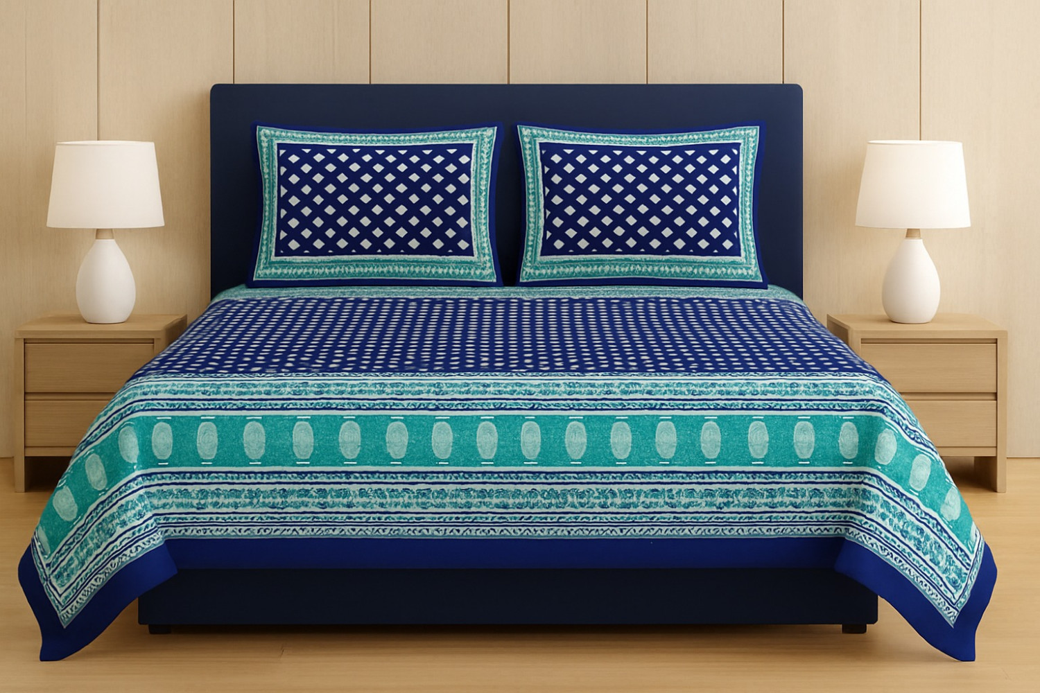 Navy Blue & Aqua Cotton Double Bedsheet with 2 Pillow Covers