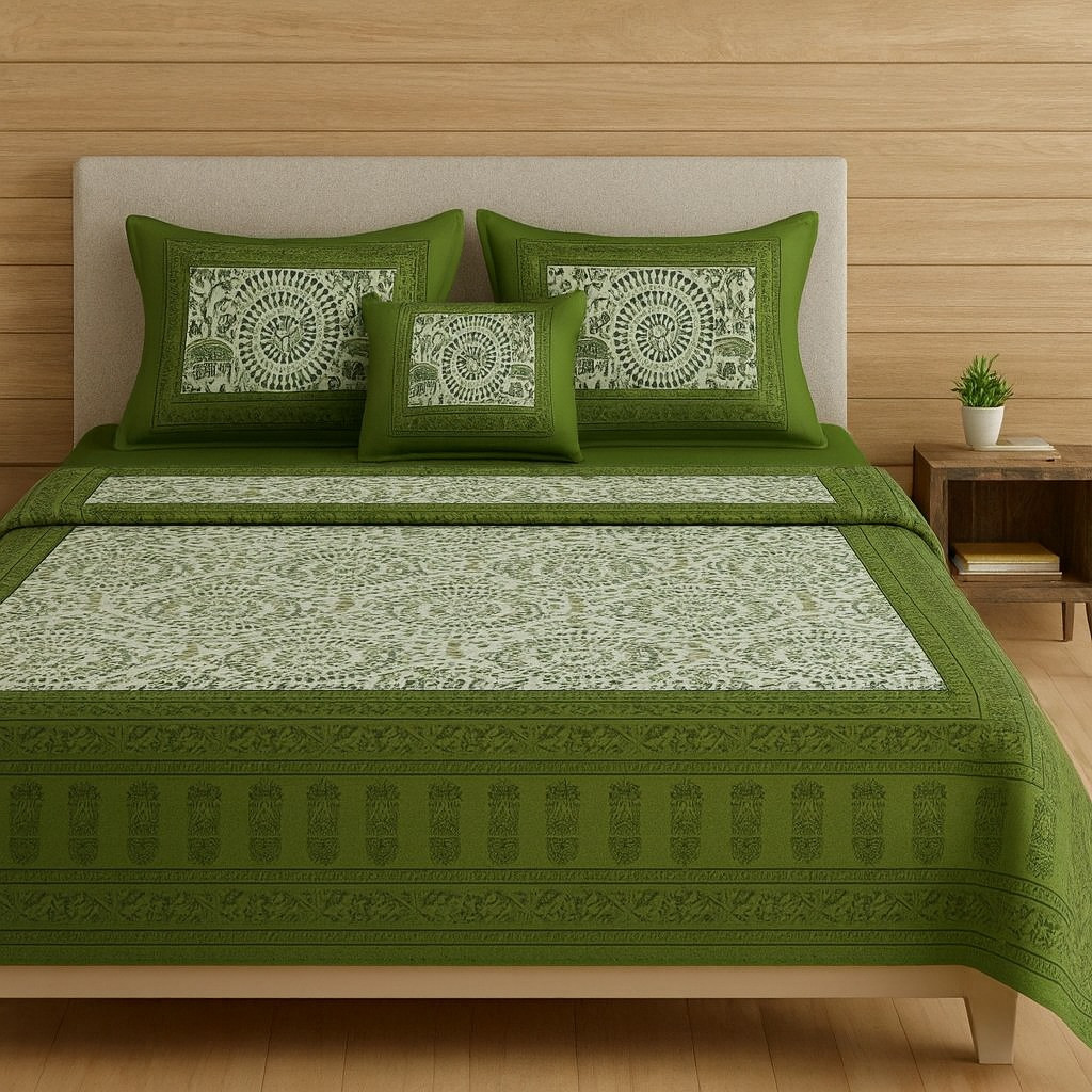 Green Traditional Elephant Print Cotton Double Bedsheet with 2 Pillow Covers