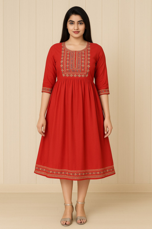 Women’s Red Embroidered Anarkali Long Grown Dress