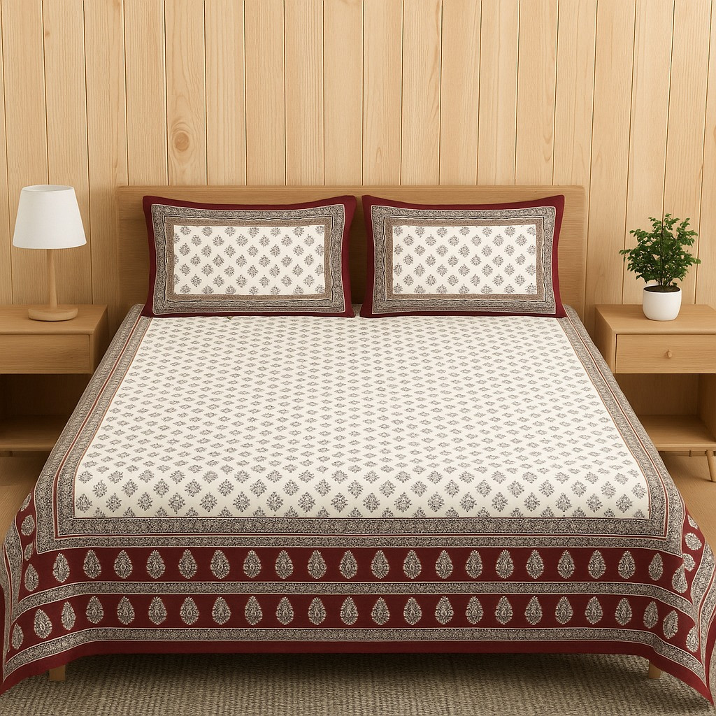 Elegant Cotton White & Maroon Printed Double Bed Sheet with Pillow Covers