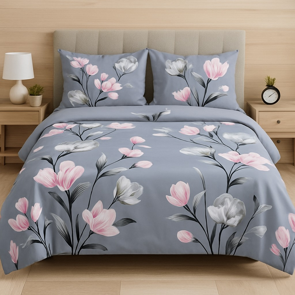 Grey Floral Cotton Double Bedsheet with 2 Pillow Covers