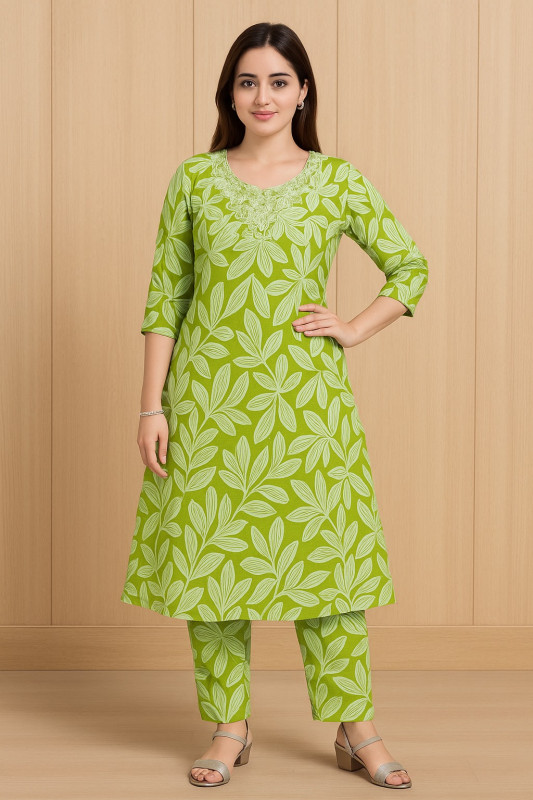 Green Leaf Print A-Line Kurta Set with Embroidered Neckline