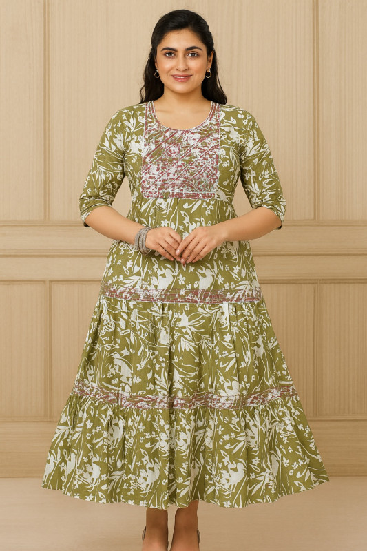Women’s Olive Green Tiered Printed Long Grown Dress
