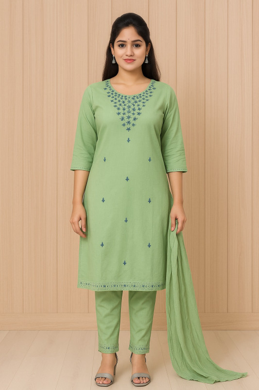 Light Green Cotton Embroidered Kurta Set with Dupatta