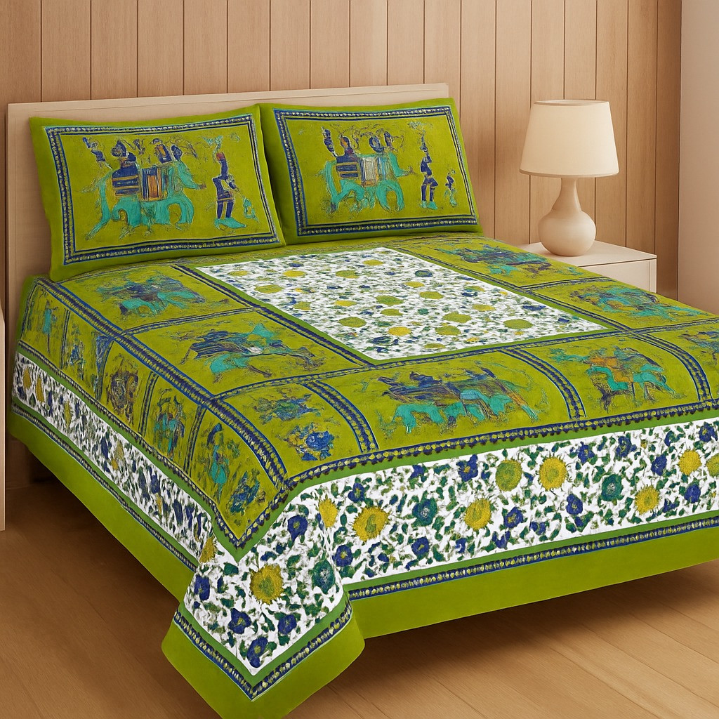 Green Rajasthani Elephant Print Cotton Double Bedsheet with 2 Pillow Covers
