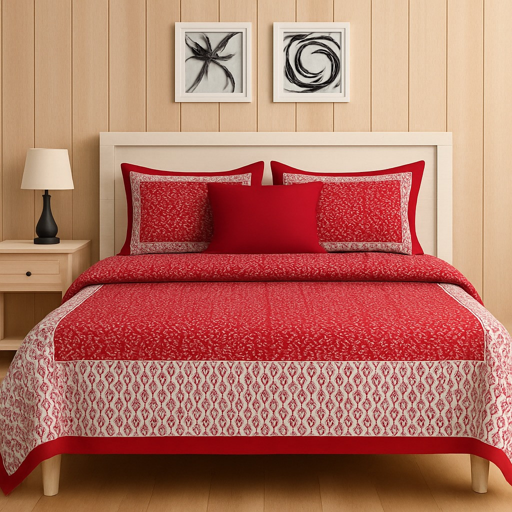 Red & White Cotton Double Bedsheet with 2 Pillow Covers