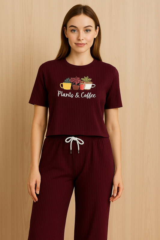 Women’s Maroon Ribbed Co-Ord Set